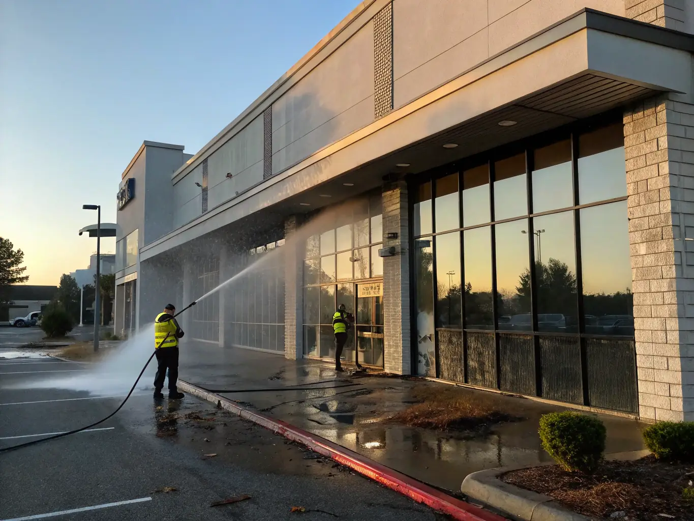 A modern office building exterior being pressure washed, showcasing the scale and professionalism of Tech Town Pressure Washing's commercial services.