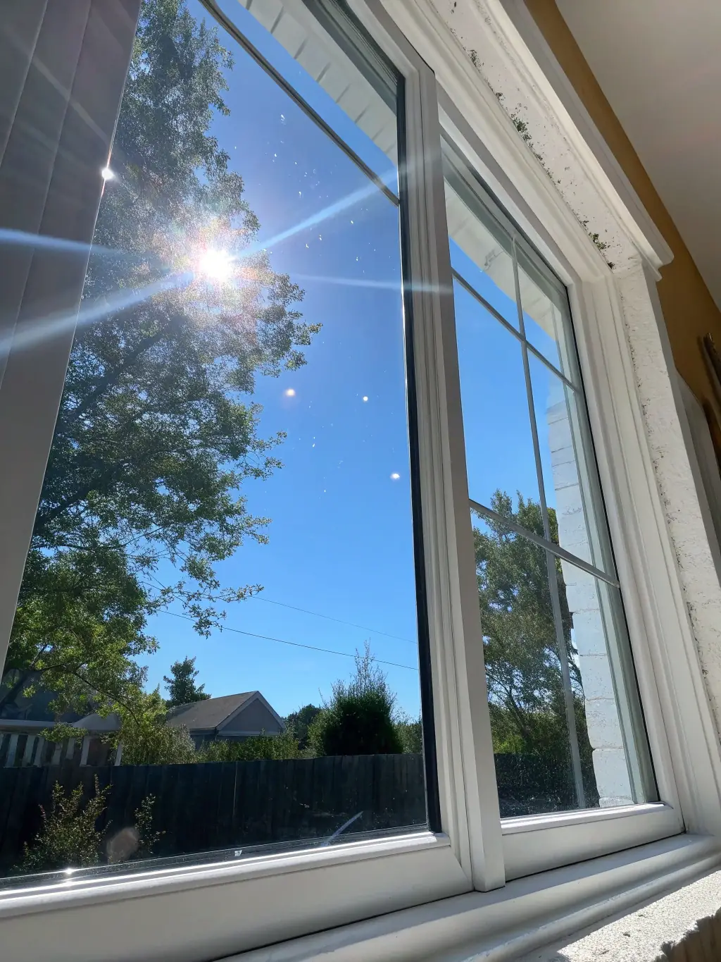 A set of spotless, gleaming windows reflecting the sky, demonstrating clarity and cleanliness achieved by Tech Town Pressure Washing's window cleaning service.