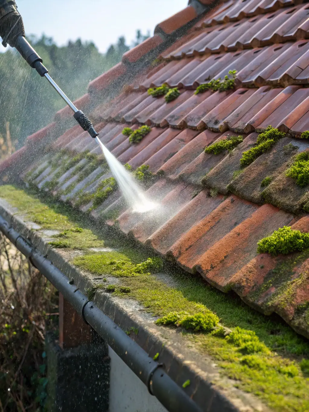 A close-up of a clean, moss-free roof with bright shingles, illustrating the effectiveness of Tech Town Pressure Washing's roof washing service.