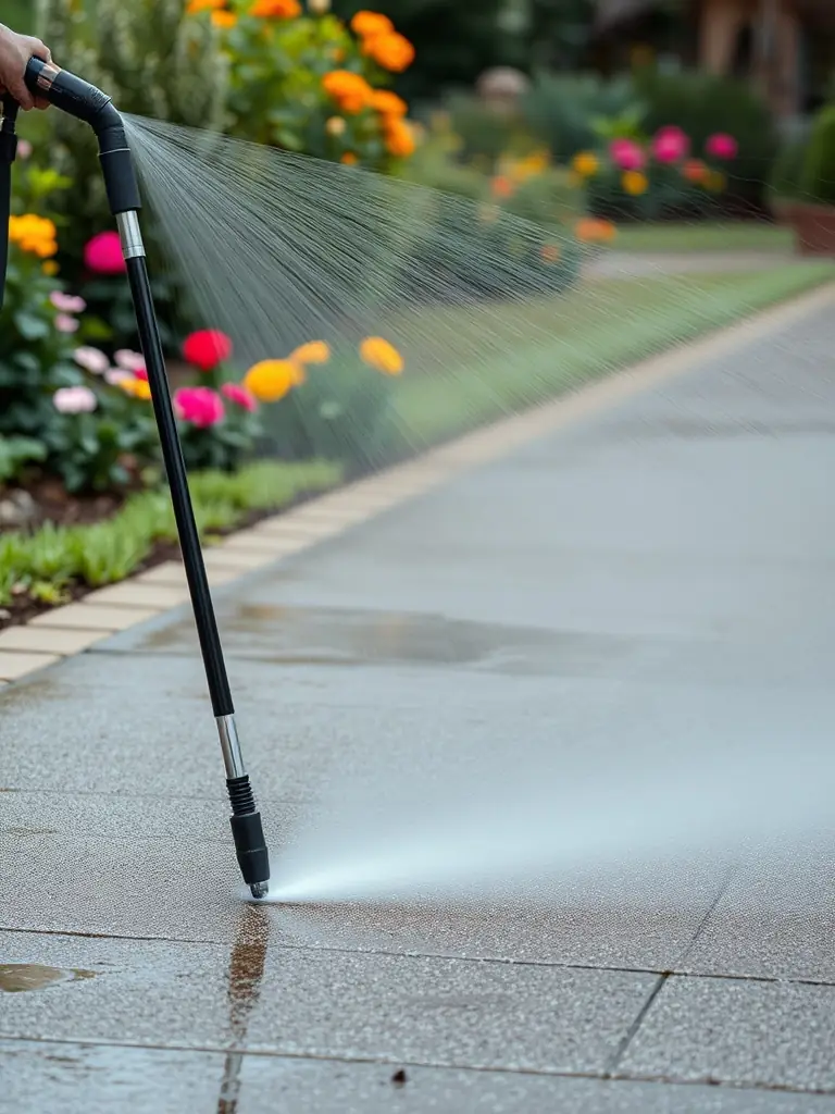 A concrete driveway being pressure washed, removing stains and dirt, restoring the original look of the concrete surface.