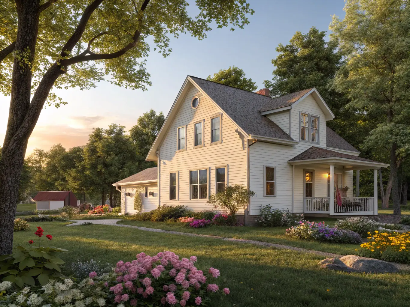 A residential house with clean siding and windows, showcasing the results of Tech Town Pressure Washing's house washing service. The image should highlight the cleanliness and enhanced curb appeal of the home.