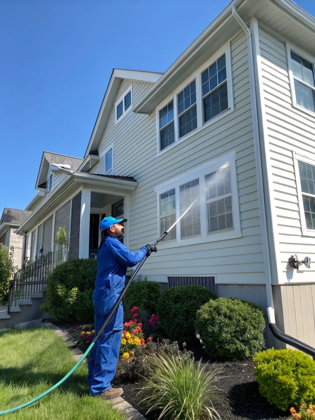 A residential house exterior being pressure washed, showcasing the removal of dirt and grime, with a focus on clean siding and vibrant colors.