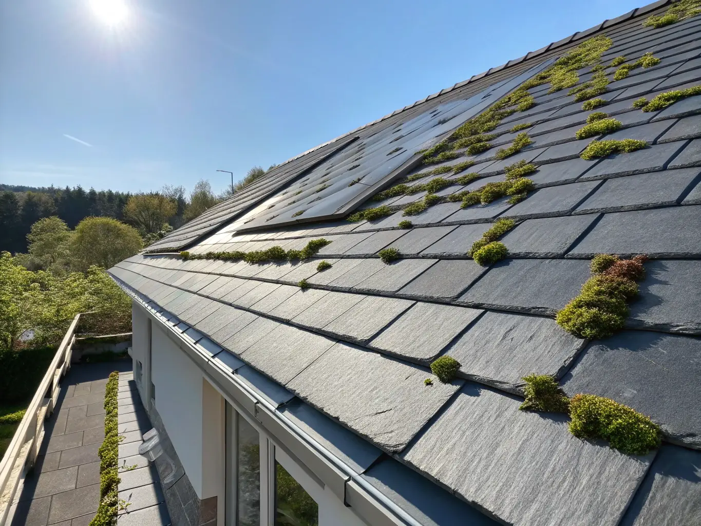 A residential roof that is clean and free of moss and algae, demonstrating the effectiveness of Tech Town Pressure Washing's roof washing service. The image should emphasize the improved appearance and condition of the roof.