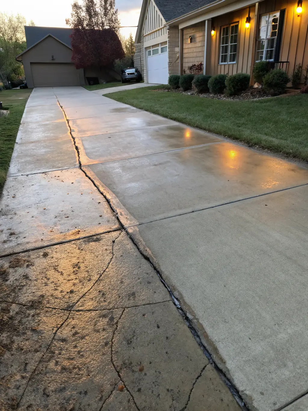 A before-and-after image of a stained driveway transformed into a clean, bright surface by Tech Town Pressure Washing's concrete cleaning service.